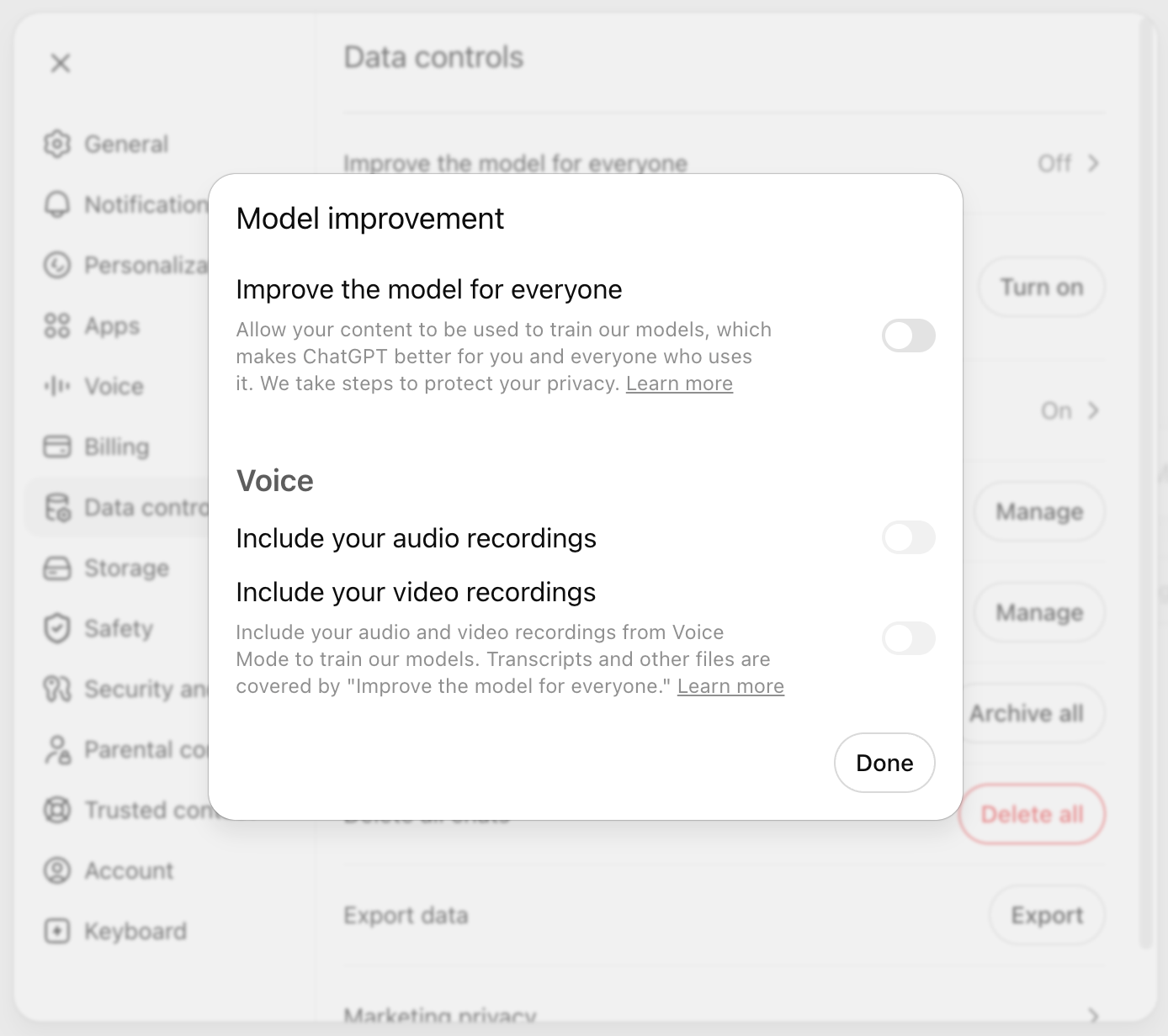 Adequately setup ChatGPT's privacy mode