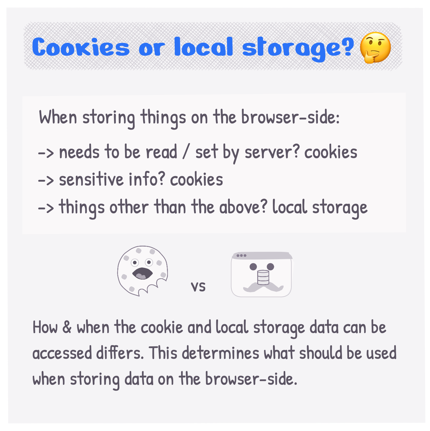When storing stuff on the browser side, what to use when?