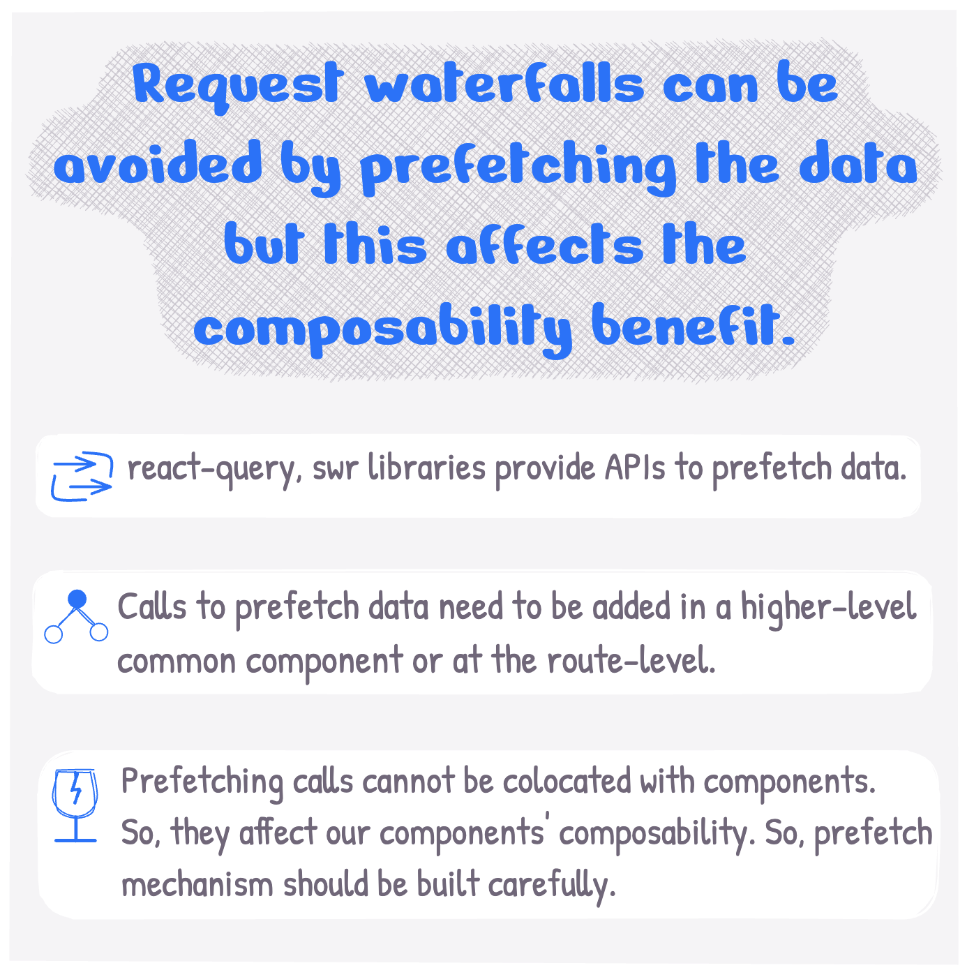 Request waterfalls can be avoided by prefetching the data at route level. But building maintainable mechanisms to do can be complicated