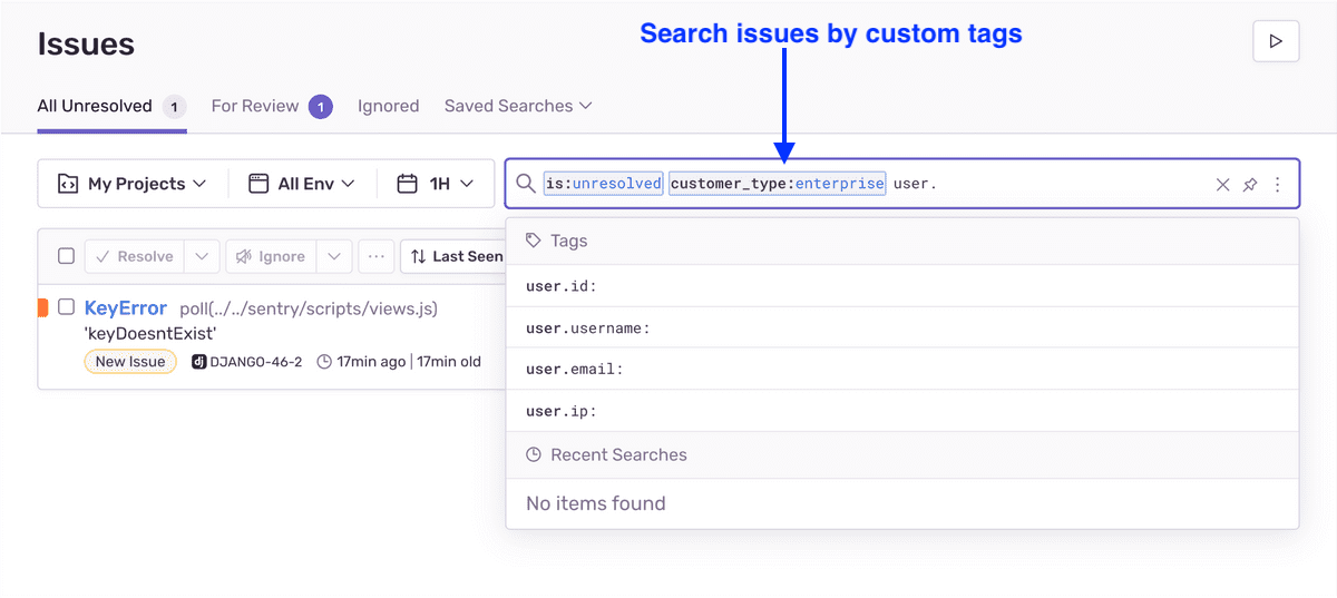Search by tags (screenshot from sentry.io)