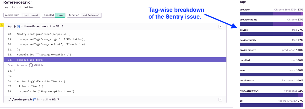 Tag-wise breakdown of an issue displayed on the Sentry UI (screenshot from sentry.io)