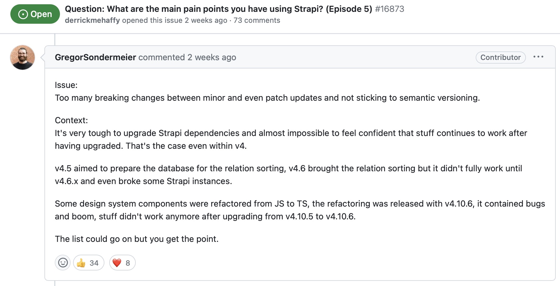 Someone echoed my experiences with respect to Strapi version upgrade on Strapi's github issues Someone echoed my experiences with respect to Strapi version upgrade on Strapi's github issues