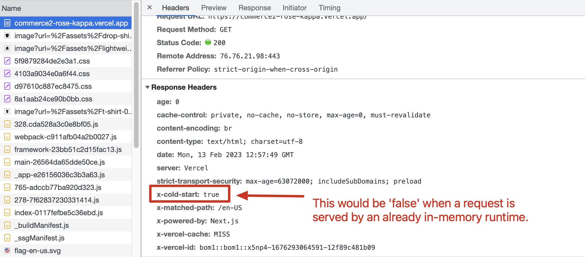 Using the HTTP response header to determine identify cold starts